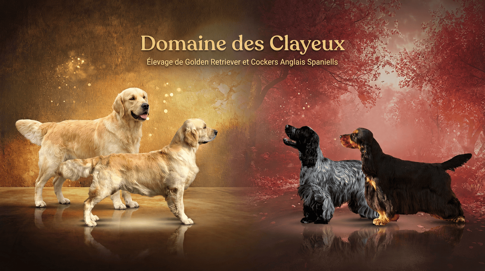 Bannière du Domaine des Clayeux avec Golden Retrievers et Cockers Anglais